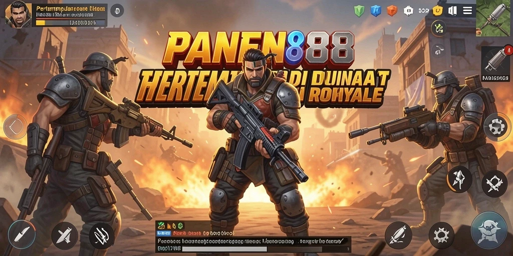 Screenshot utama PANEN88 menampilkan aksi mendebarkan di medan perang Battle Royale.