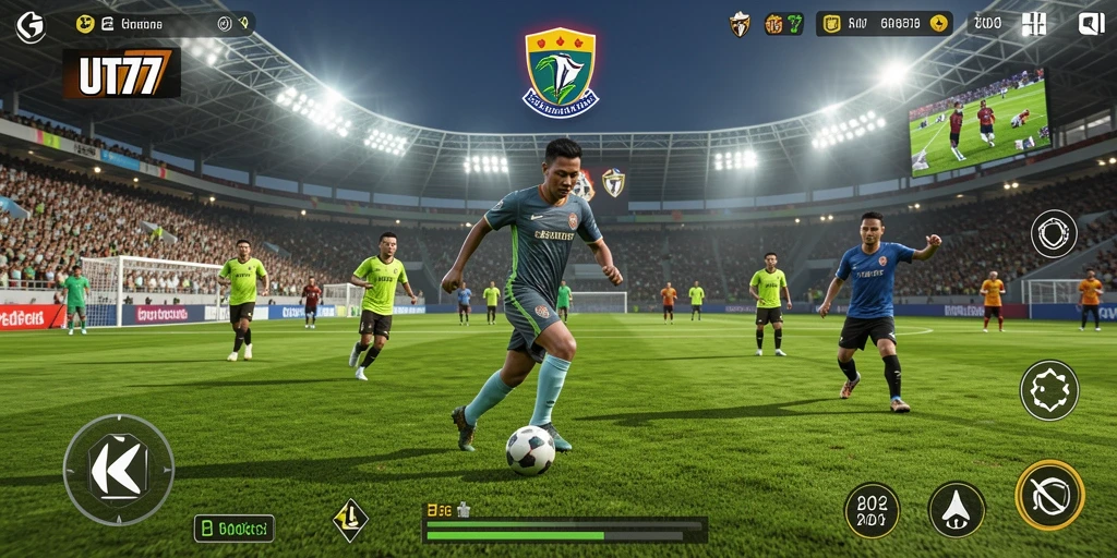 Tampilan gameplay UT77 dengan aksi sepak bola yang mendebarkan.